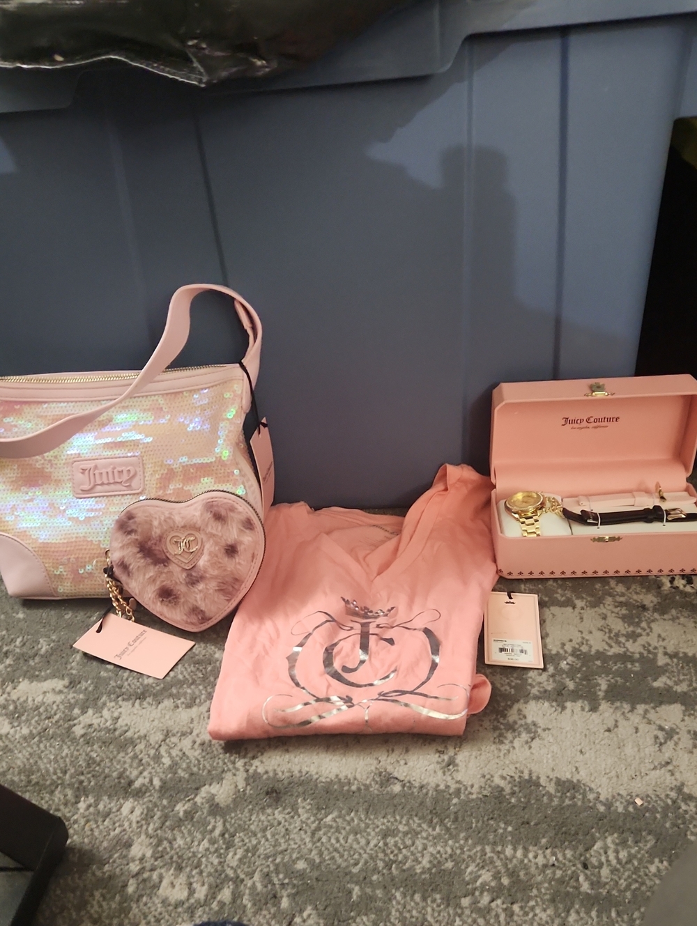 Juicy Couture Sequin Bag w/ Plush Heart Coin Purse Shirt & Watch W/ Band Change